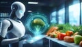 Artificial intelligence analyzing nutritional data on a digital tablet in a food lab, AI in nutrition, data-driven food technology