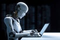 Artificial intelligence android robot writing text on laptop. Generative AI Royalty Free Stock Photo