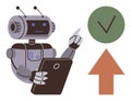 Robot Assisting Decision Making with Tablet, Pointing to Approval Checkmark and Arrow Symbol Royalty Free Stock Photo