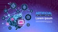 Artificial Intelligence Banner With Cyber Brain Cog Wheel And Gears Over Motherboard Background With Copy Space