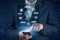 Artificial Intelligence in Bot Chat. Businessman using Ai chatbot in his smartphone.