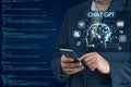 Artificial Intelligence in Bot Chat. Businessman using Ai chatbot in his smartphone.