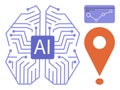 Artificial intelligence brain circuitry with data analytics and location pin elements Royalty Free Stock Photo