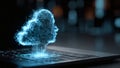 Artificial intelligence brain created from particles emerging laptop Royalty Free Stock Photo