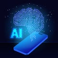 Artificial Intelligence Brain Emerging from Smartphone with Digital Neural Network Concept Royalty Free Stock Photo