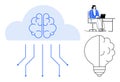 Artificial Intelligence and Cloud Computing Concept with Brain, Light Bulb, and Remote Work Scene Royalty Free Stock Photo
