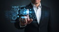 Artificial Intelligence Brain Interface and Businessman Pointing at Holographic AI Technology Royalty Free Stock Photo