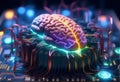 Artificial Intelligence. Brains With Glowing Neurons Connected to CPU. The Power of Artificial Intelligence. Digital AI