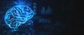 Artificial intelligence and brainstorming idea concept with digital glowing blue human brain with convolutions on dark