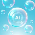 Artificial Intelligence Bubble Concept, AI processor chip in a bubble. AI tech market bubble and hype, vector illustration Royalty Free Stock Photo