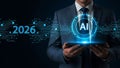 Artificial Intelligence in 2026 Business Man Presenting Futuristic Tech on Tablet Display Royalty Free Stock Photo