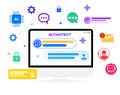 Artificial Intelligence Chatbot on the computer screen with colorful shapes floating around, modern technology concept backdrop. Royalty Free Stock Photo