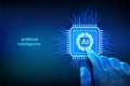 Artificial intelligence chip with AI digital brain icon. Hand pressing CPU microchip. Artificial intelligence integrated into Royalty Free Stock Photo