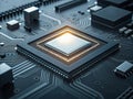 Artificial intelligence chip glowing on motherboard, futuristic computing power Royalty Free Stock Photo