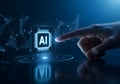 Artificial Intelligence Chip with Hand Touching Interface in Blue Royalty Free Stock Photo