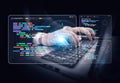 Artificial Intelligence coding and programming concept background with colorful shapes and person typing in the backdrop. AI code Royalty Free Stock Photo