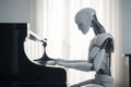 Artificial intelligence composing music. Android robot playing piano. Generative AI