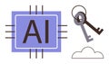Artificial Intelligence Concept with AI Chip, Security Keys, and Cloud Connection Graphics Royalty Free Stock Photo