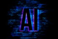 Artificial intelligence concept with AI icon and digital code texture. Machine learning and neural network background. 3D