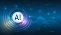 Artificial intelligence concept with AI icon, digital network, data wave and glowing particles on blue background, symbolizing Royalty Free Stock Photo