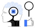 Artificial Intelligence Concept with Circuit Brain, Magnifying Glass, and Thumbs Up Symbol Royalty Free Stock Photo