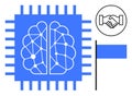 Artificial Intelligence Concept with Neural Network Brain, Handshake Icon, and Circuit Elements Royalty Free Stock Photo