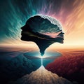 Artificial intelligence concept as a 3D render of a human head with a low poly brain and a mountain landscape with double exposure Royalty Free Stock Photo