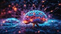 Artificial intelligence concept background. Brain with synapses, fluorescent electrical signals between neurons Royalty Free Stock Photo