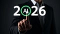 Artificial Intelligence 2026 concept with businessman pressing virtual button for future technology development Royalty Free Stock Photo