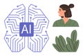 Artificial Intelligence Concept with Circuit Brain, Person Profile, and Foliage Design Elements Royalty Free Stock Photo