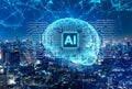 Artificial intelligence concept with a digital brain and microchip over a futuristic city skyline. Royalty Free Stock Photo