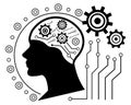 Artificial intelligence concept featuring a human head outline filled with gears and circuit board patterns representing machine Royalty Free Stock Photo