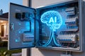 Artificial intelligence concept with a glowing brain inside an electrical panel Royalty Free Stock Photo