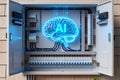 Artificial intelligence concept with glowing brain inside electrical panel Royalty Free Stock Photo