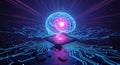 Artificial intelligence concept with glowing brain on microchip processor in futuristic digital landscape with circuit board and Royalty Free Stock Photo