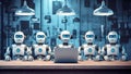 Artificial Intelligence Concept. Group of Robots Sitting at Desks and Using Laptops for Education or Works extreme closeup.