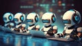 Artificial Intelligence Concept. Group of Robots Sitting at Desks and Using Laptops for Education or Works extreme closeup.