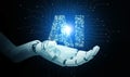 Artificial Intelligence concept. Hand of a robot carry an AI text with circuit pattern, glowing bright in the dark. Ai technology