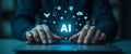 Artificial Intelligence Concept with Hands Typing on Laptop and Glowing Network Interface Royalty Free Stock Photo