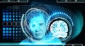 Artificial intelligence concept. Head, face with cybernetic digital brain, neural network link to virtual interface.