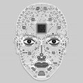 Artificial intelligence concept. Human face made of circuits with a microchip in the forehead in black color