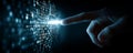 Artificial intelligence concept with human finger touching glowing letter on digital binary code background Royalty Free Stock Photo