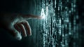 Artificial intelligence concept with human finger touching glowing letter on digital binary code background Royalty Free Stock Photo
