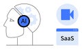 Artificial Intelligence Concept with Human Head, Video Icon, and SaaS Interface Elements Royalty Free Stock Photo