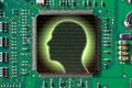 ARTIFICIAL INTELLIGENCE CONCEPT WITH HUMAN PROFILE ON COMPUTER CHIP - Digital brain and binary code Royalty Free Stock Photo