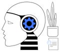Artificial Intelligence Concept with Human Profile, Gear Symbol, Document, and Plant Icon Royalty Free Stock Photo