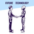 Artificial intelligence concept. Human and robot handshaking. Futuristic ai advanced technology vector background