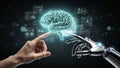 Artificial Intelligence Concept with Human and Robotic Hands Interacting with a Holographic Brain and Data Interface Royalty Free Stock Photo