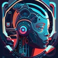 illustration of cyborg head in futuristic space. Royalty Free Stock Photo