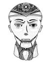 Artificial intelligence concept. A man with half the face of a robot. Replicant or Android. Hand drawn Future technology